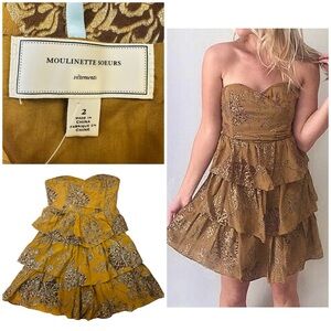 Anthro Moulinette Soeurs Metallic Gold Floral Silk Tiered Strapless Mini Dress